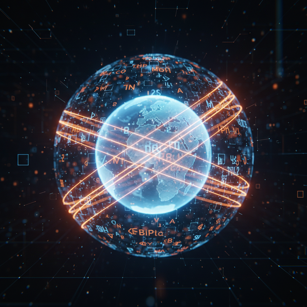 Abstract digital network node symbolizing the historic Uniswap domain purchase in orange neon light.