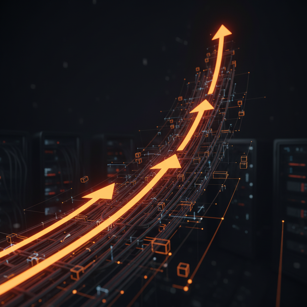 Neon orange market chart displaying an upward Bitcoin price surge across digital grid