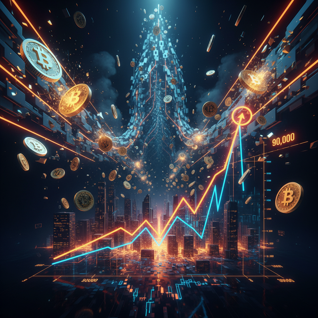 Trading chart graphic displaying a massive Bitcoin price surge with glowing orange indicators.