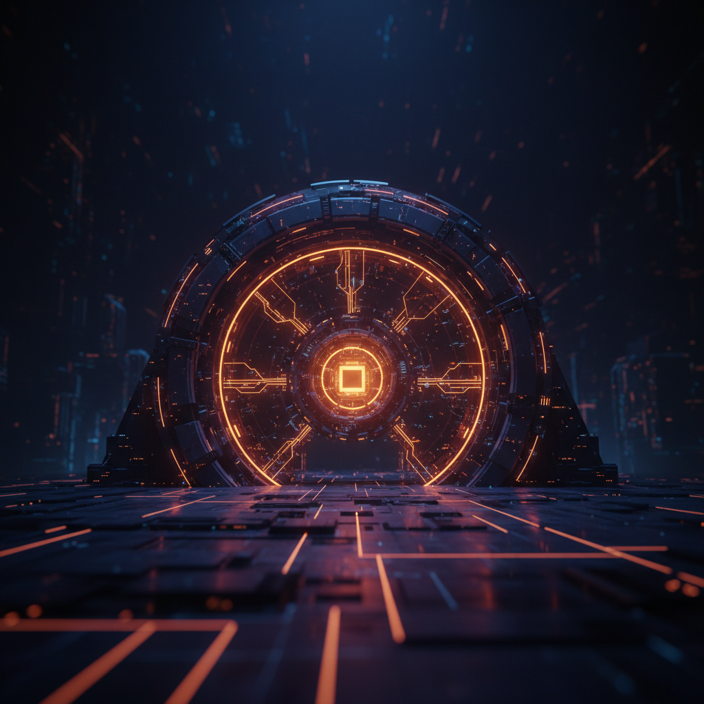 Futuristic vault glowing orange representing powerful spot Bitcoin ETF demand and liquidity