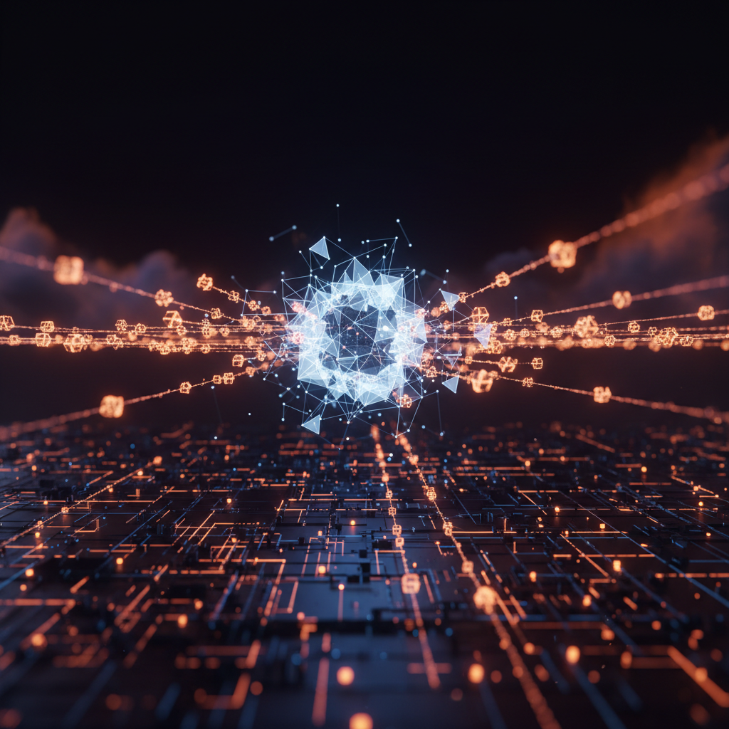 A glowing orange transaction trail depicting Cardano AI settlement between automated digital agents.