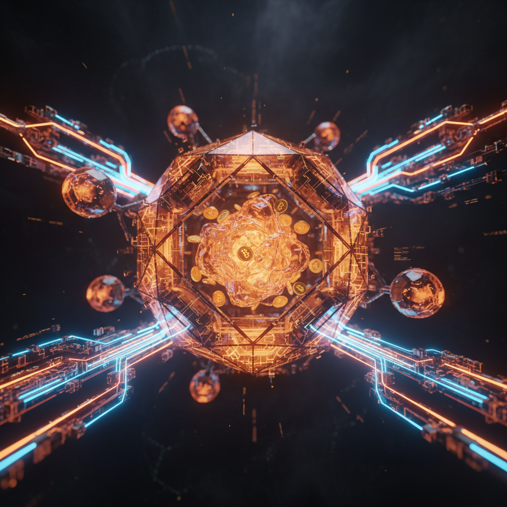 Digital vault with orange neon lines representing Circle USDC borrowing with cryptocurrency collateral.