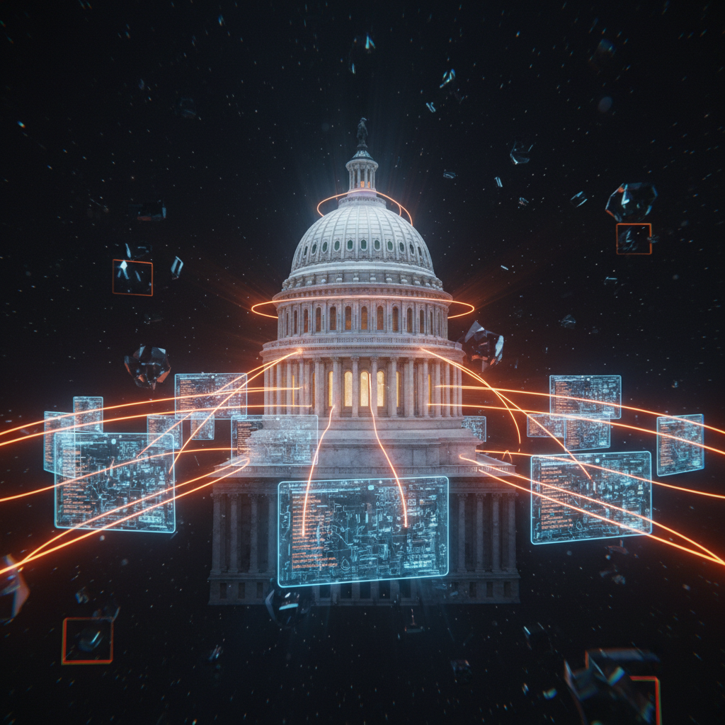 Legislative government structure surrounded by digital blockchain contracts representing CLARITY Act Senate discussions.