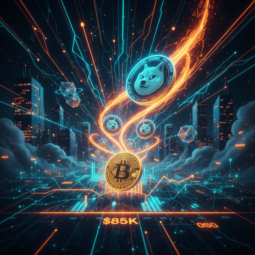 A digital chart displaying a sudden upward dogecoin rally with orange neon highlights.