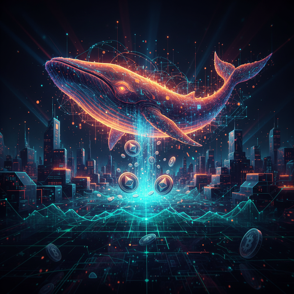 Massive glowing whale breaching above digital blockchain ledger during Ethereum whale purchase