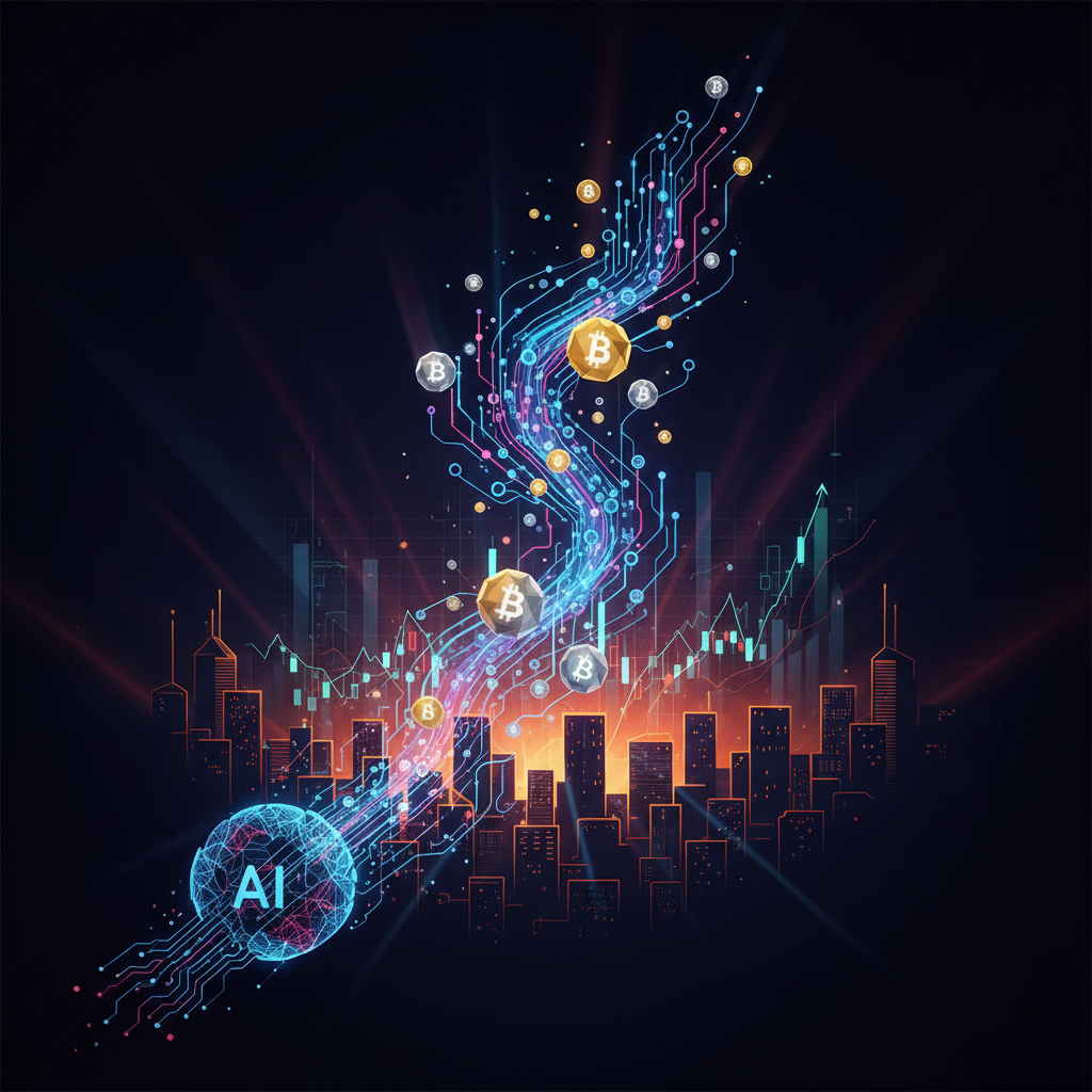 Glowing blockchain tokens interacting with neural circuits showcasing Bitcoin capital rotation trends.