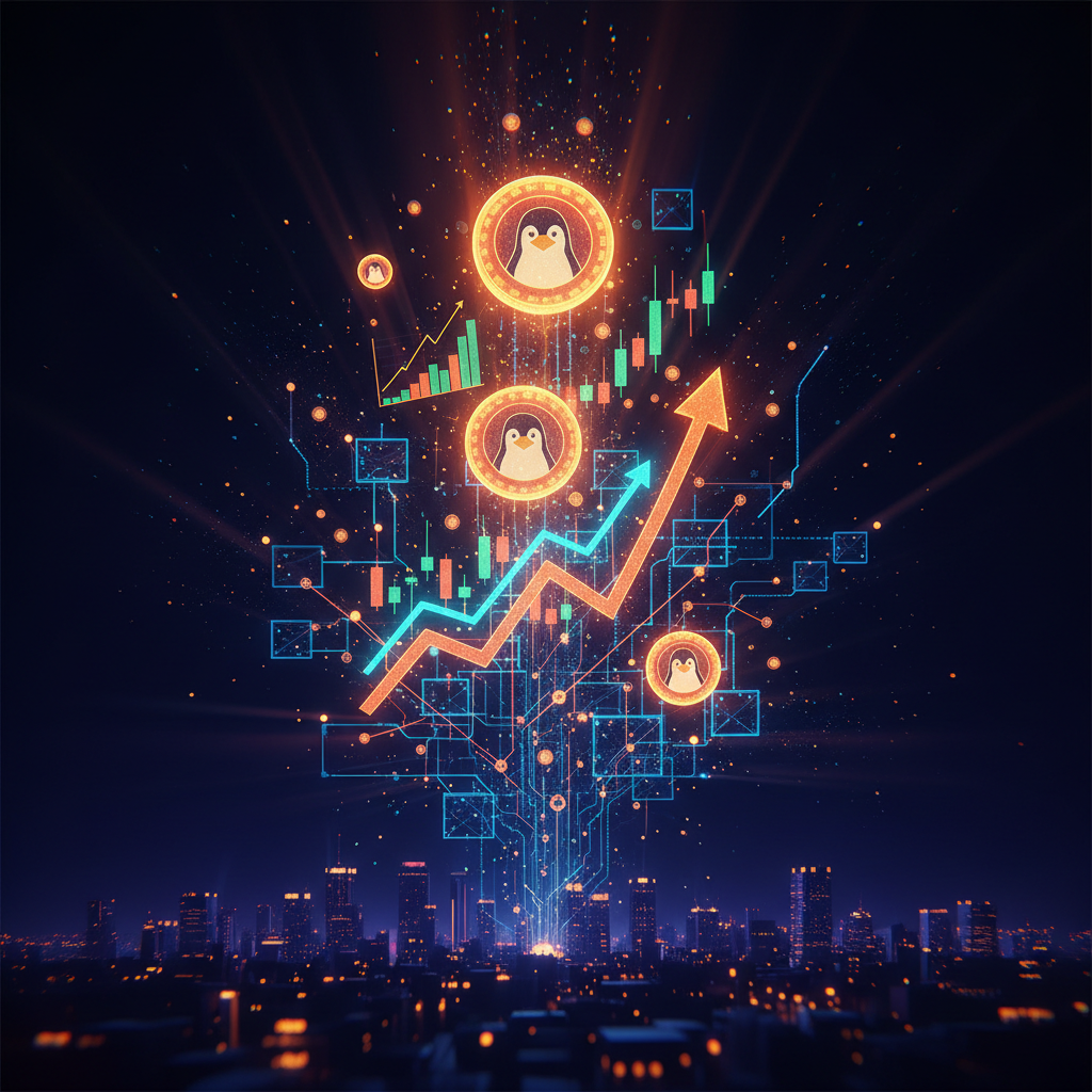Glowing analytical candlestick chart predicting the next major PENGU token rally breakout