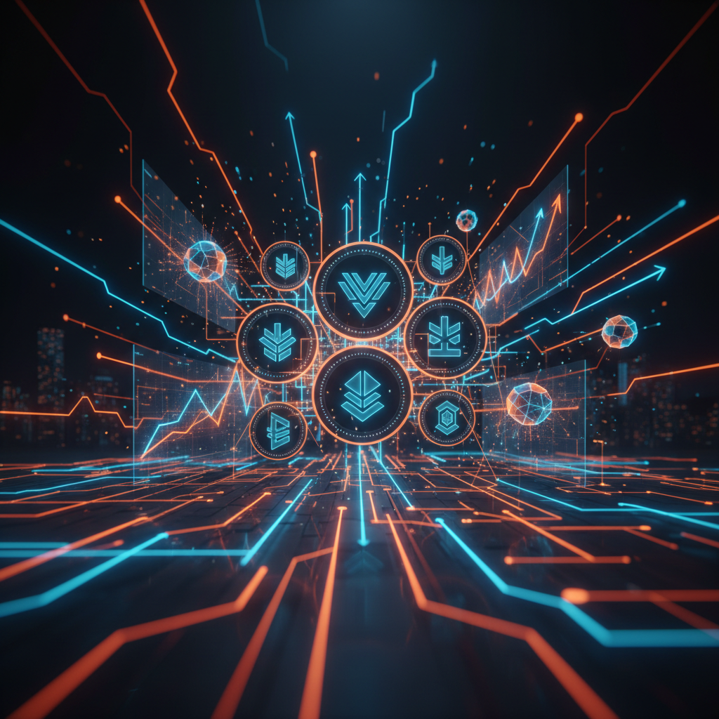 Abstract neural network and digital payment grid illustrating AI crypto adoption with orange accents.