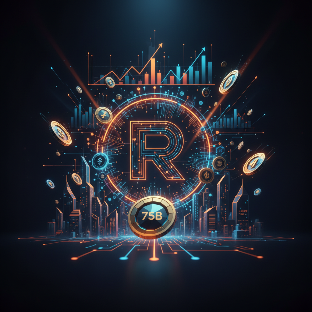Digital trading interface showing Robinhood DEX volume metrics surrounded by orange neon graphics.