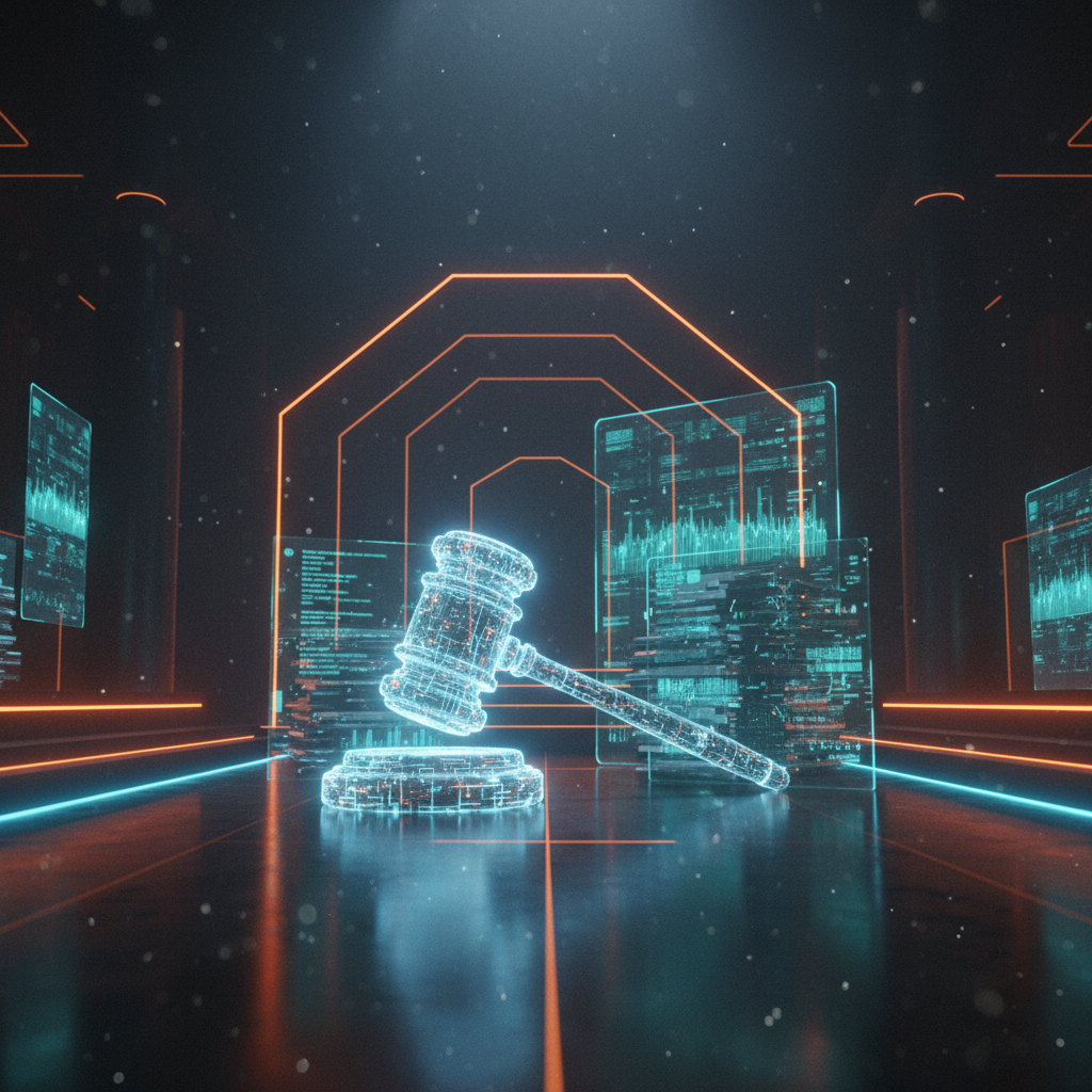 Digital justice scales representing federal crypto tax enforcement against unreported cryptocurrency wealth.