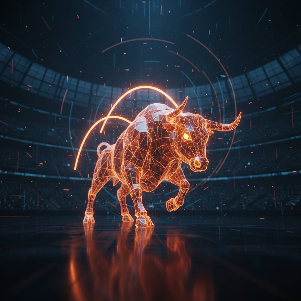 A glowing orange holographic bull representing resilience during a Bitcoin market correction.