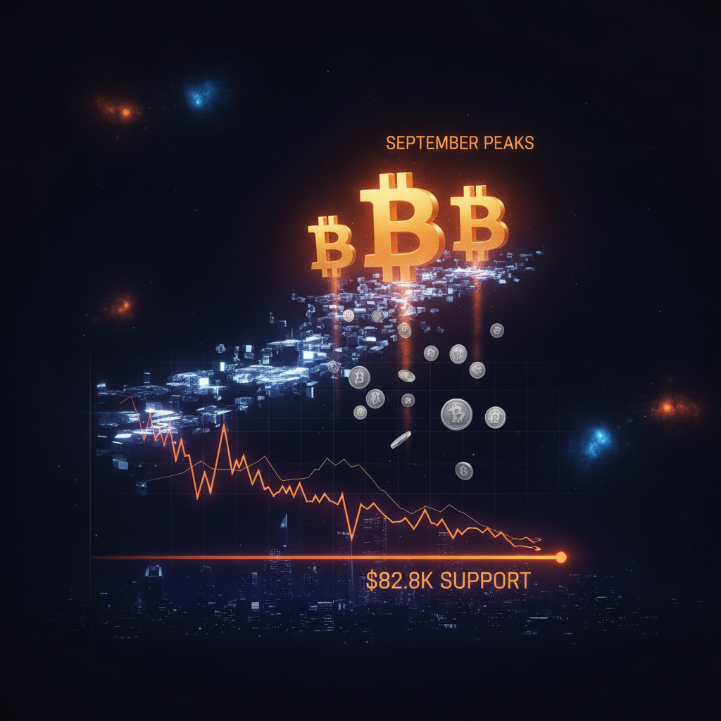 Financial trading charts illustrating a sharp Bitcoin price pullback on glowing screens.
