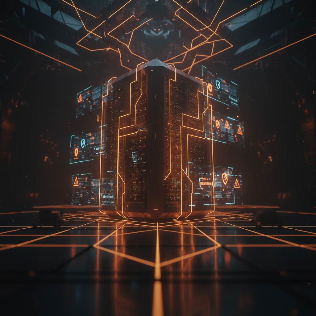 Glowing server room depicting the Bitget security breach with orange neon circuit lines.