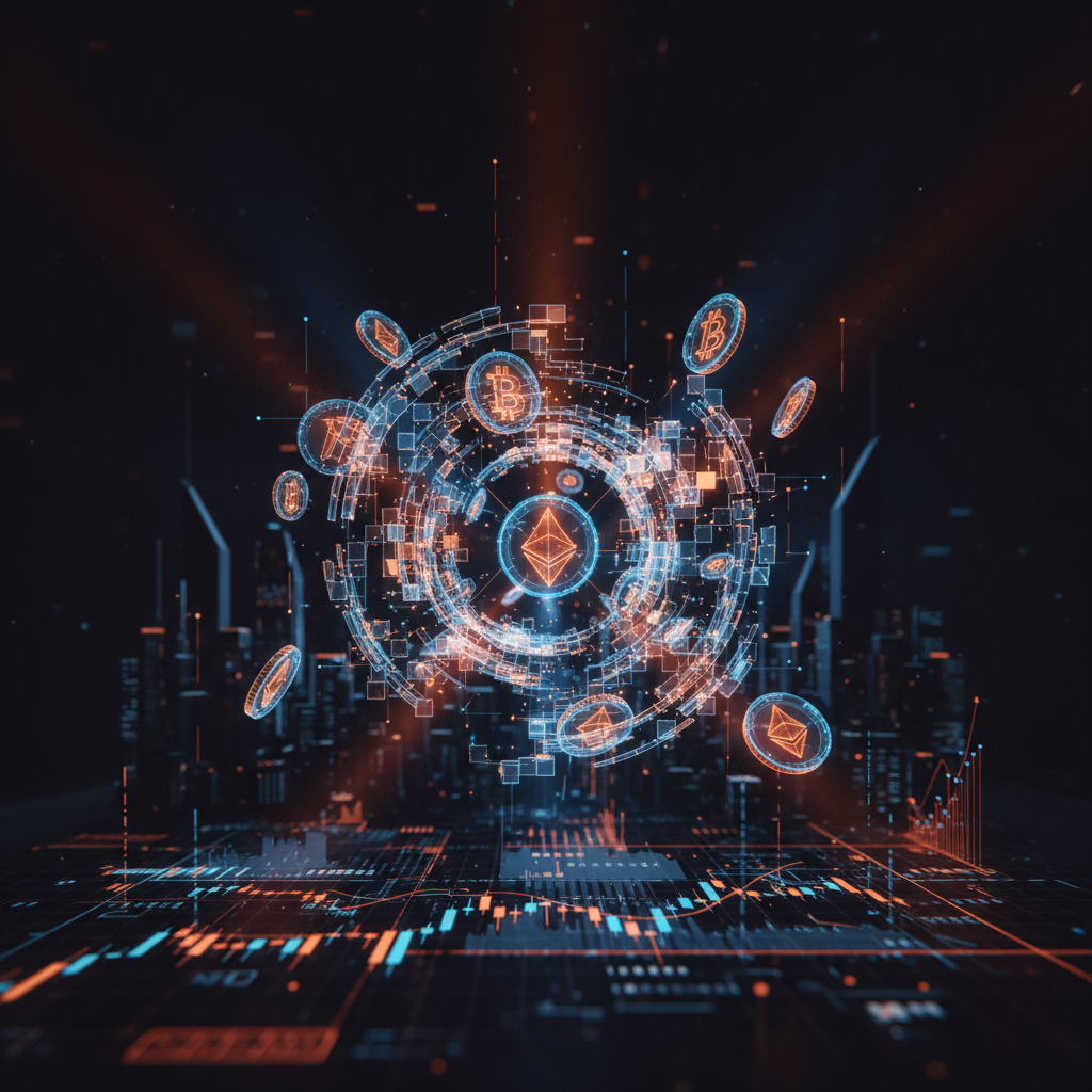 Legal scale icon and digital ledger illustrating crypto regulatory guidance with orange glow.