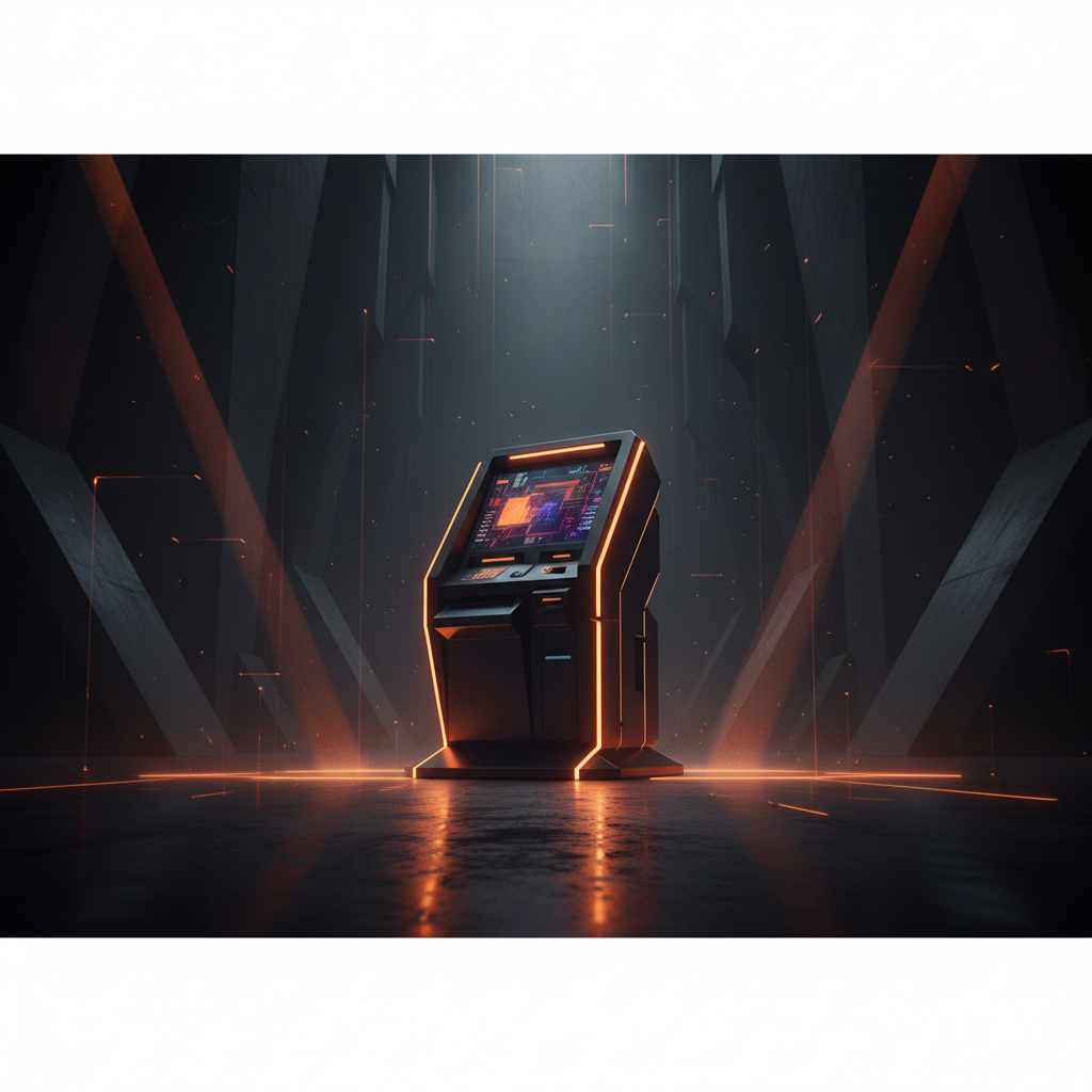Sleek terminal displaying crypto ATM regulation alerts in a dark room with orange neon.