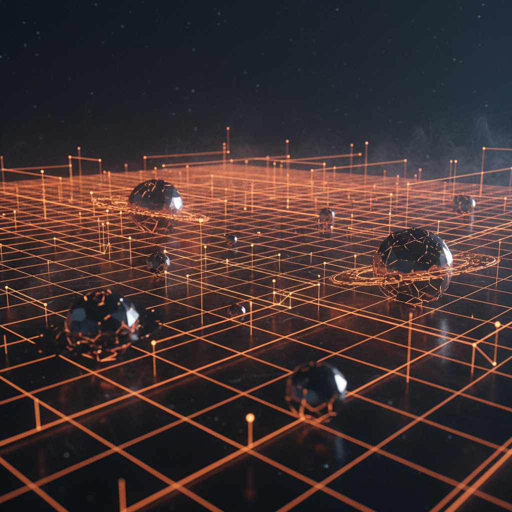 Planetary network grid illustrating global AI infrastructure spending with dark backdrop and neon orange lines.