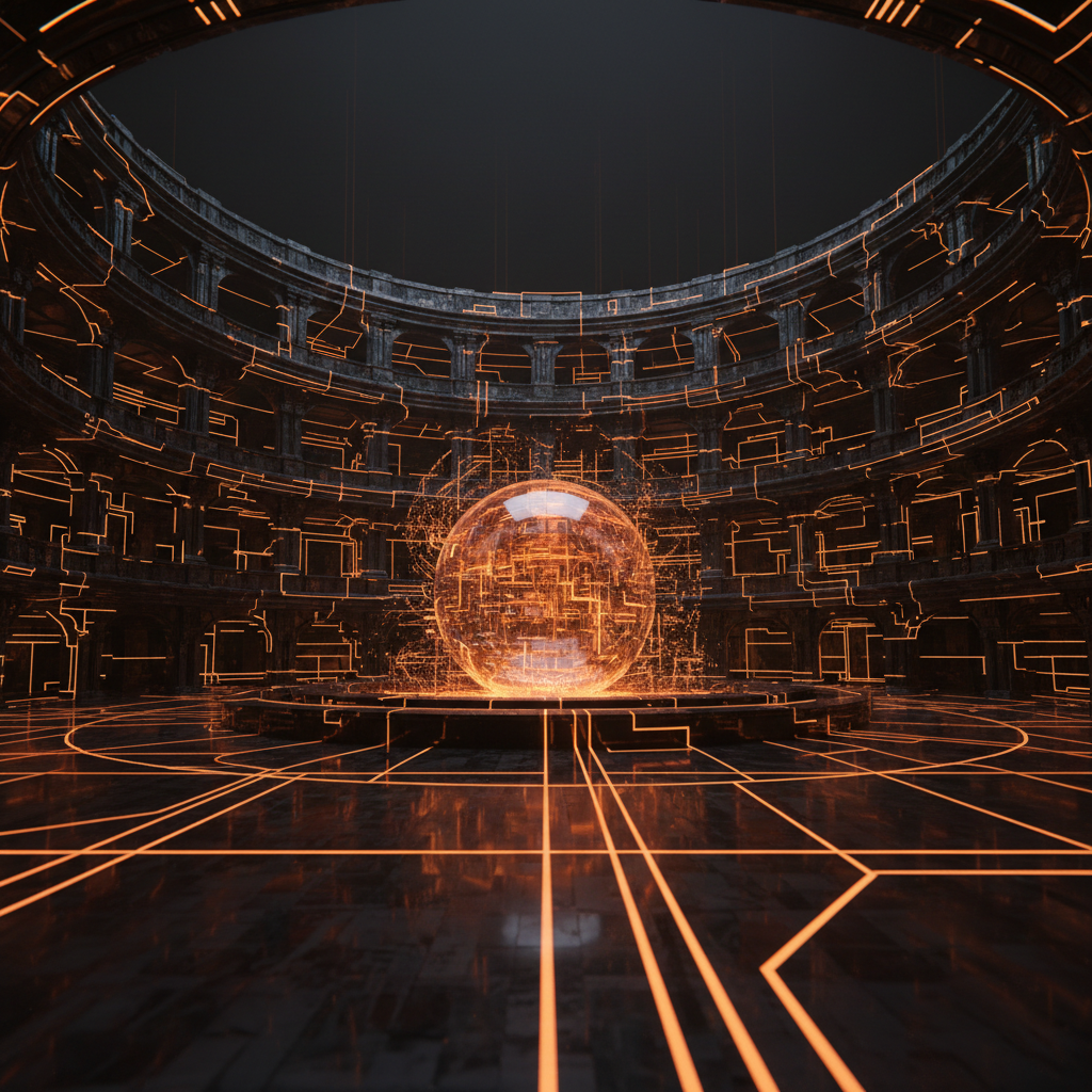 Central banking architecture illuminated by orange data streams illustrating federal stablecoin rules.