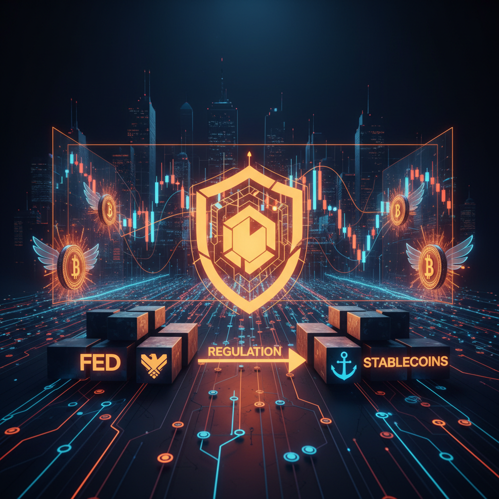 Golden digital vault illustrating the Fed stablecoin reserve rules for asset-backed tokens.