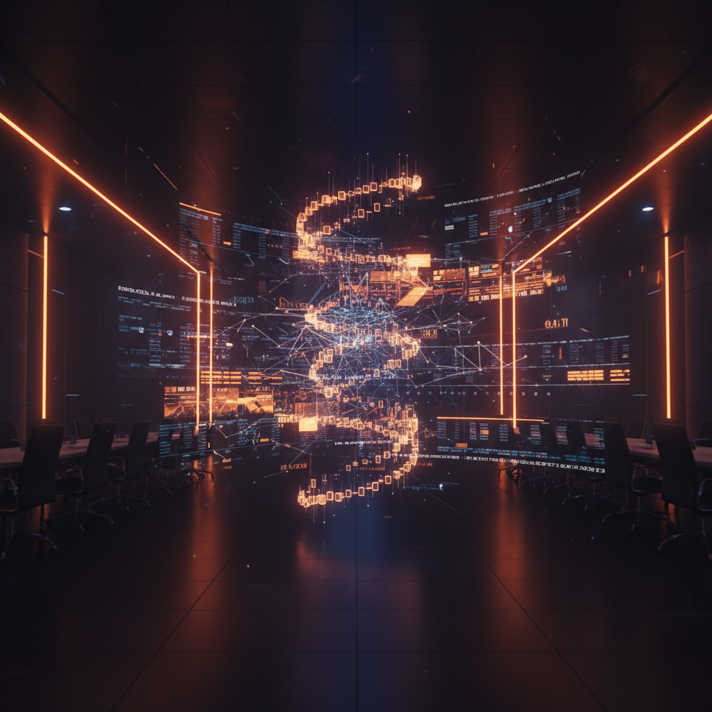 Futuristic financial graph displaying onchain investment portfolios under deep orange holographic lighting.