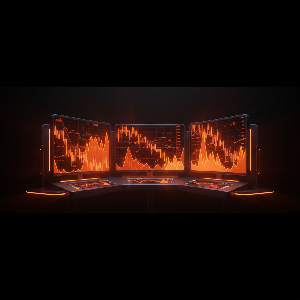 Financial trading screens displaying orange price charts detailing a recent Bitcoin price drop.