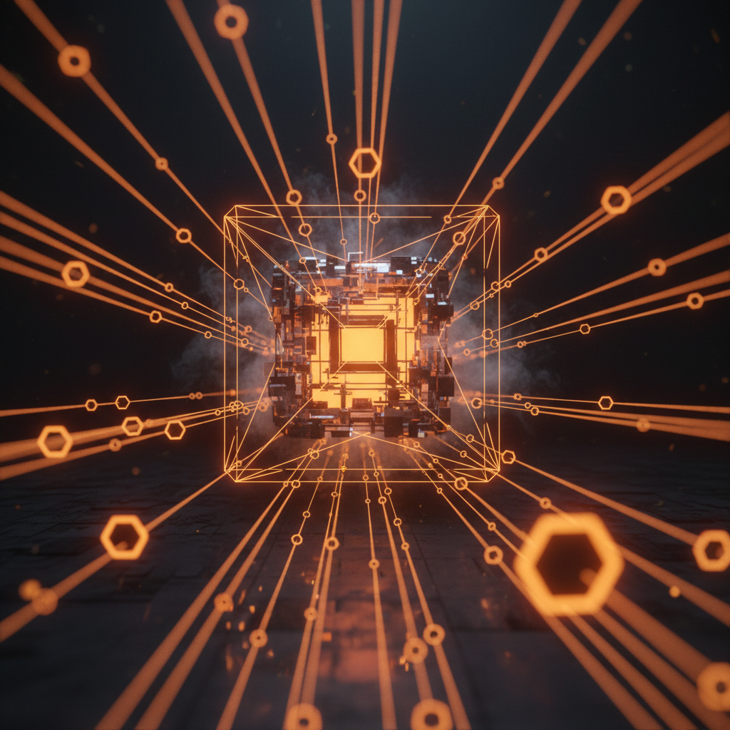 A conceptual illustration of the Tether Bitcoin integration glowing with bright orange highlights.