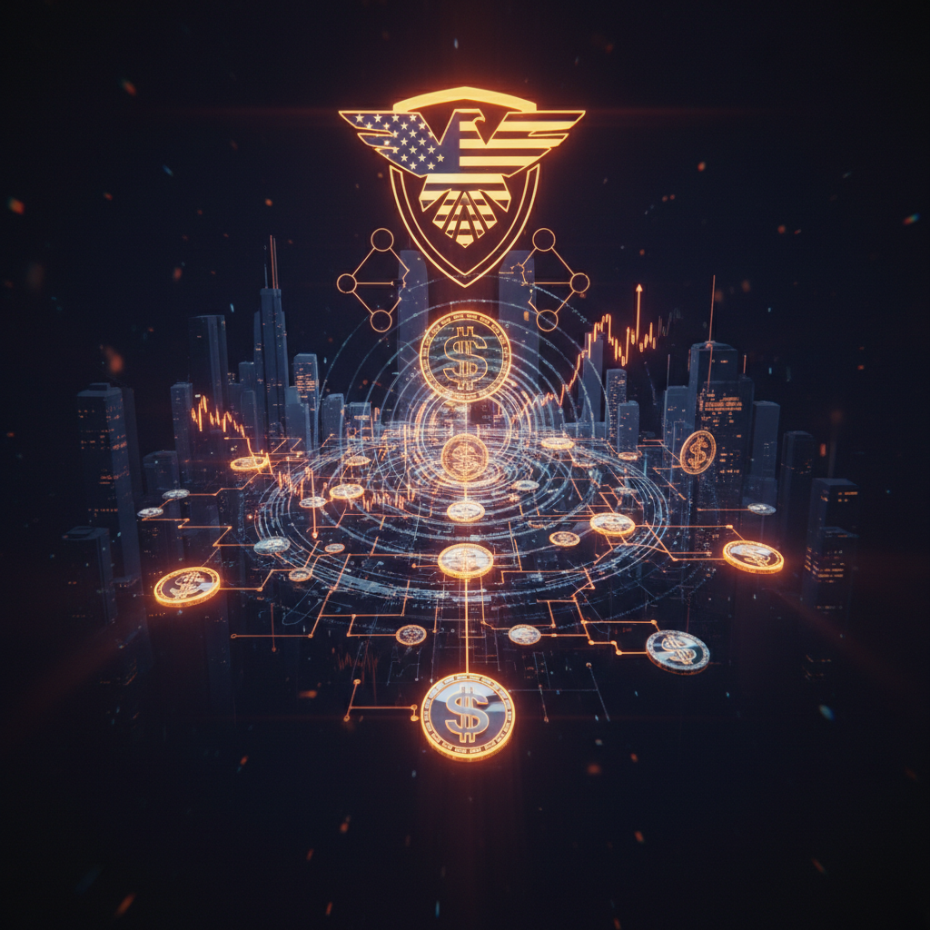 A digital US dollar globe representing the USD stablecoins strategy with orange neon lighting.
