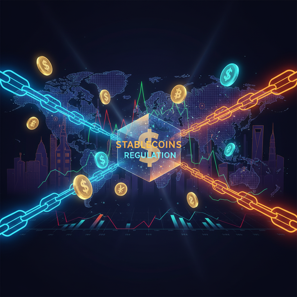 Digital currency symbols and globe depicting dollar backed stablecoins international expansion
