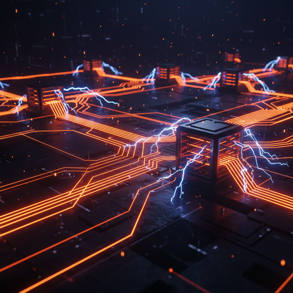 Abstract digital network visualization showcasing the Bitcoin Lightning x402 integration with glowing circuit lines.