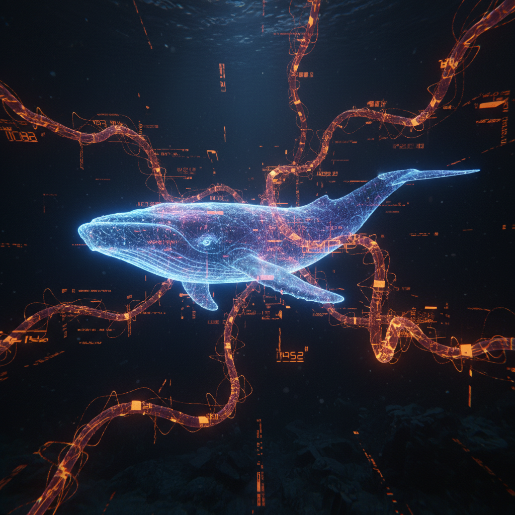 A massive luminous whale swimming in a digital dark ocean representing a dormant Bitcoin whale transaction.