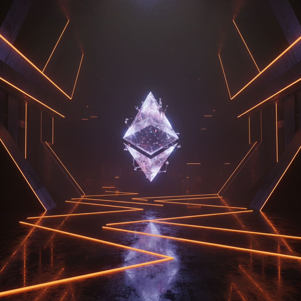 A glowing smart contract vault showing dropping Ethereum exchange reserves against dark reflective digital floors.