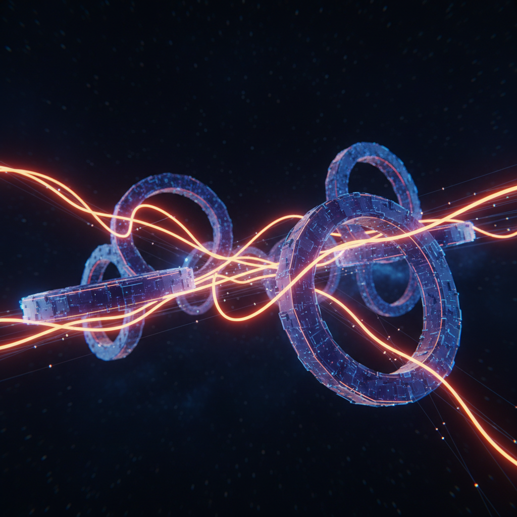 Futuristic smart contract bridge symbolizing the FXRP DeFi integration with orange neon glows.