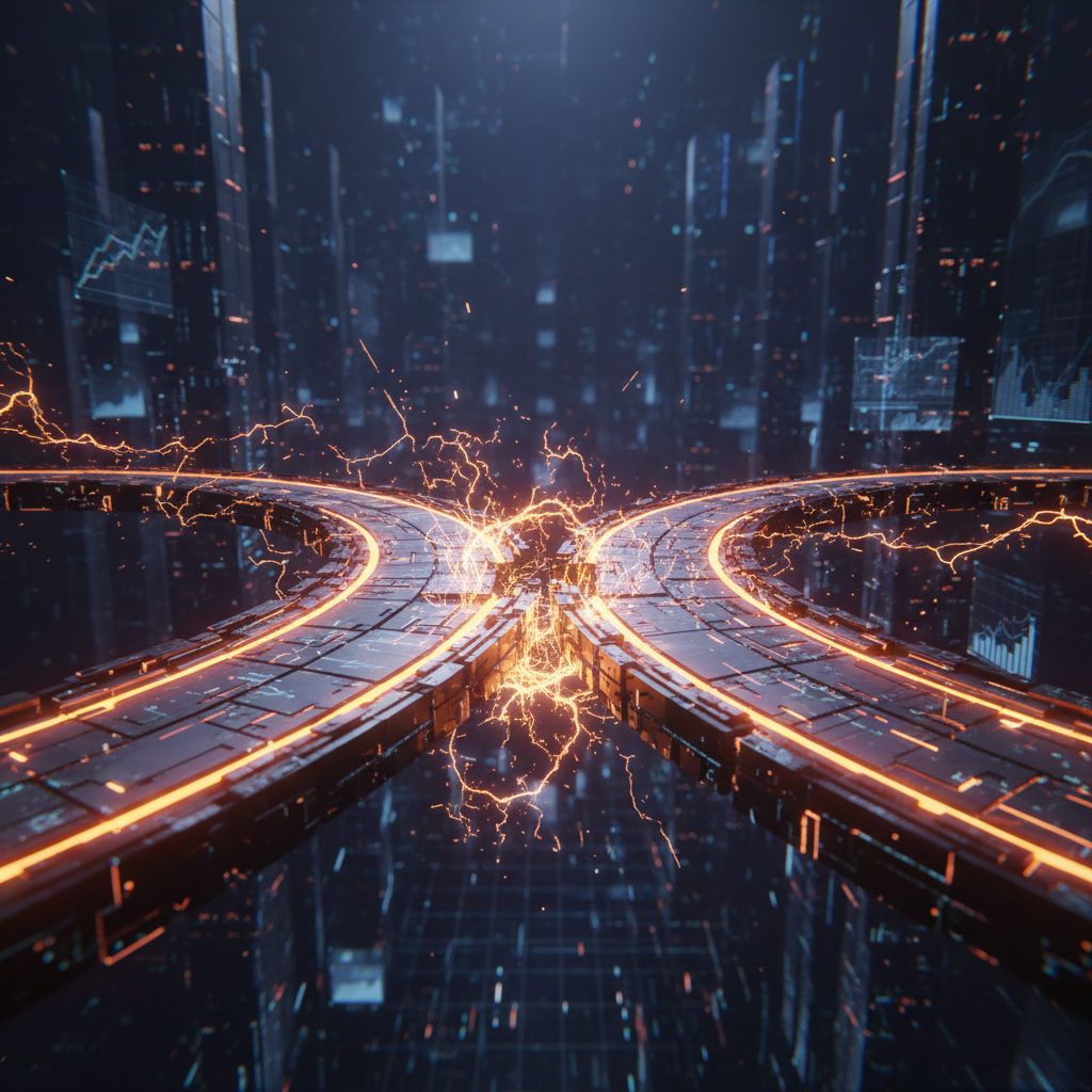 A broken digital restaking bridge illustrating the aftermath of the rsETH bridge exploit in dark futuristic tones.