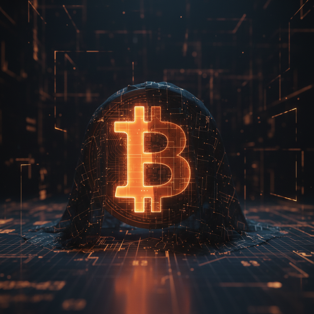 Cryptographic zero-knowledge nodes surrounding a digital coin for Shielded Bitcoin privacy protocol.