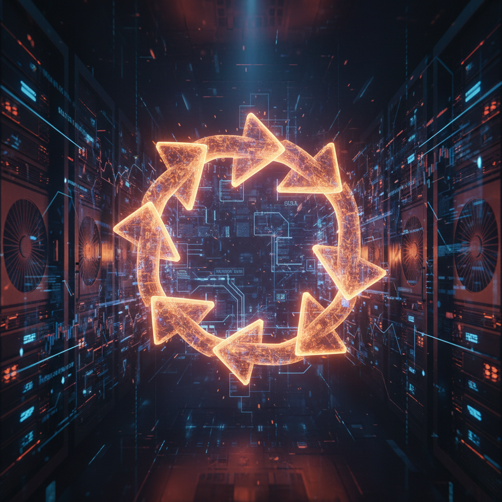 A glowing cybernetic loop showing automated trading bots linked to Solana DEX volume manipulation.
