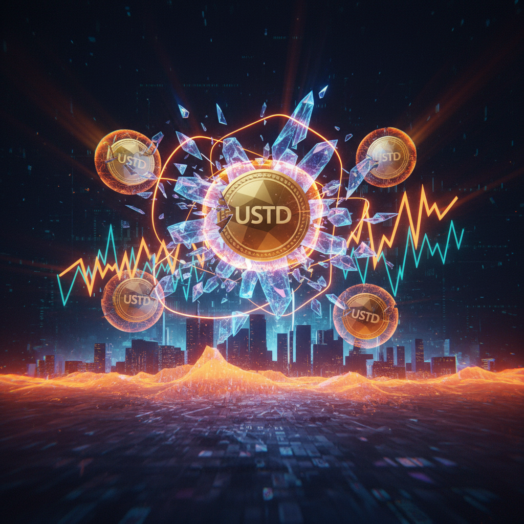 Bank vault illuminated with orange neon highlighting a Tether banking freeze scenario.