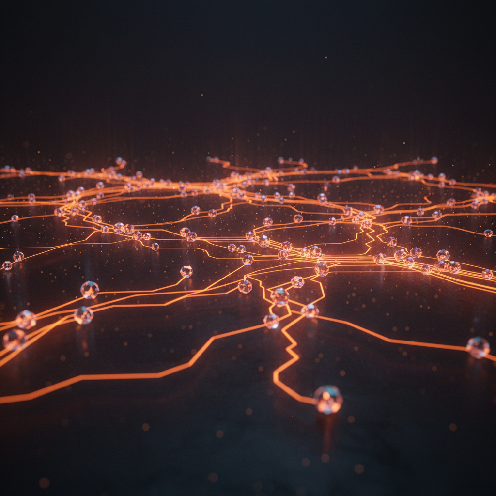 Digital chart representing tokenized stock holders across multiple blockchain networks in neon orange.