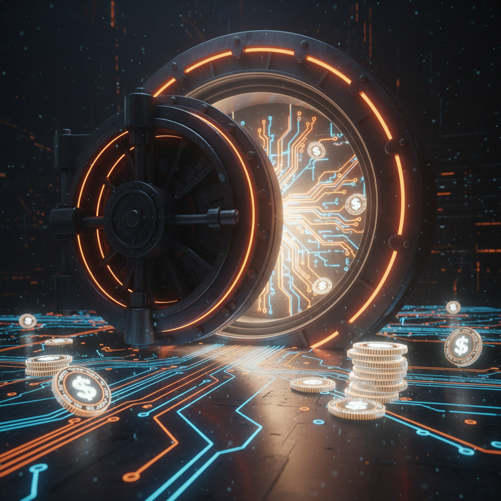 Digital vault and currency tokens representing stablecoin adoption protections and financial security measures.