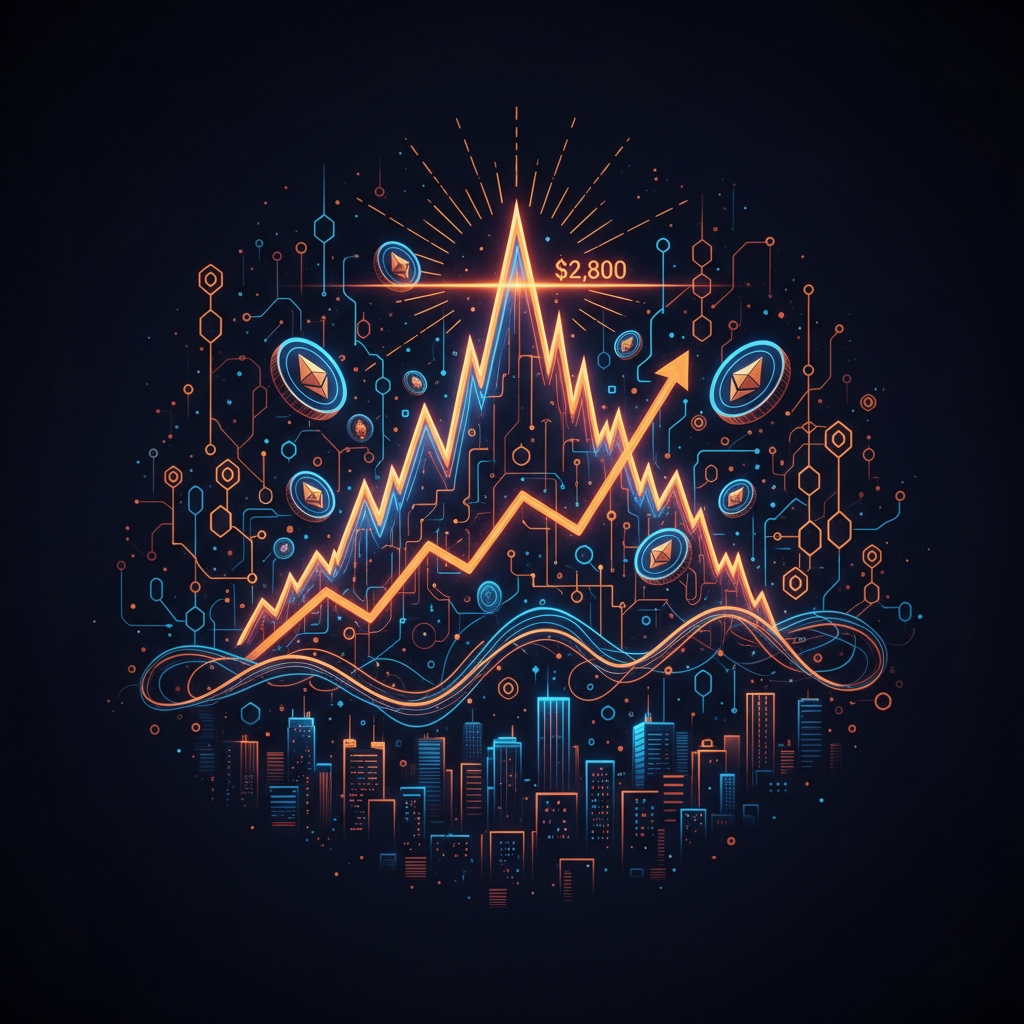 Geometric Ethereum logo hovering over an orange neon resistance level line