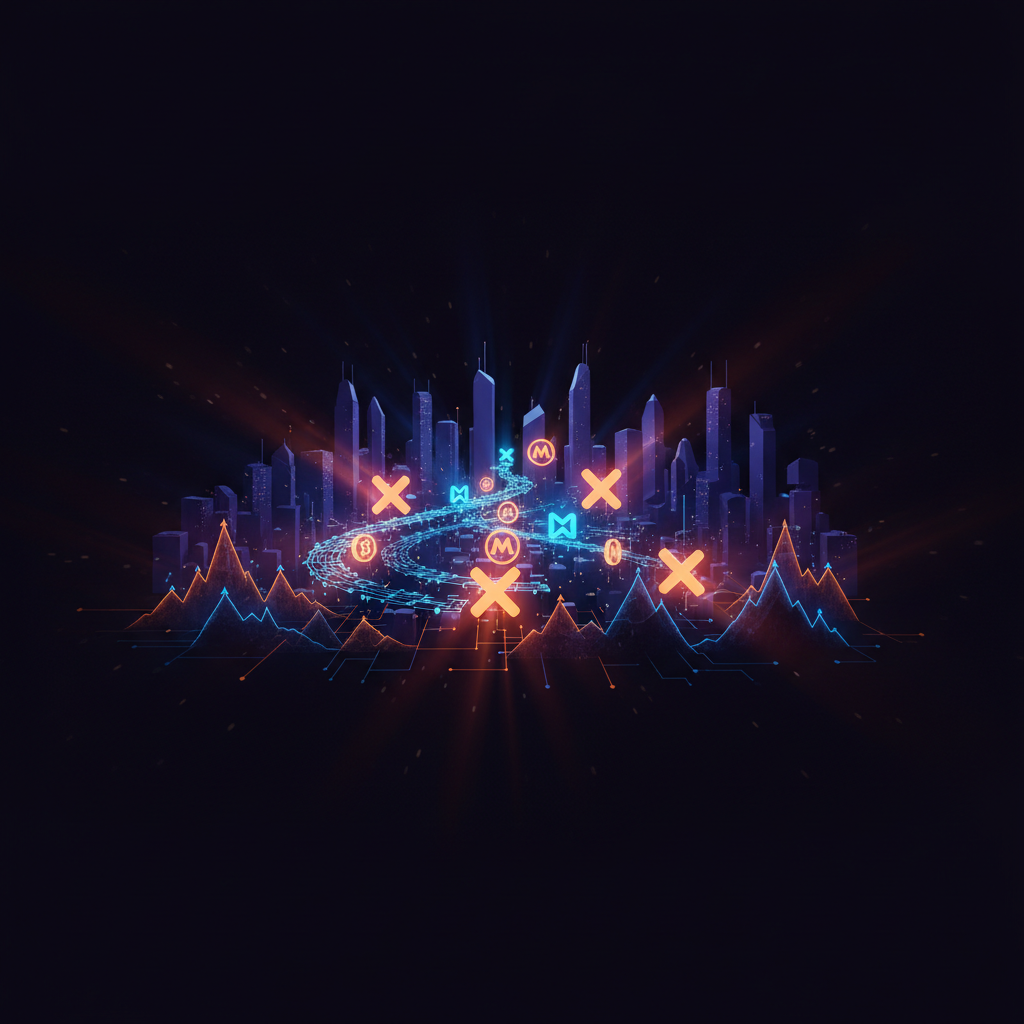 Abstract digital network routing memecoin trading fees across luminous nodes and glowing pathways