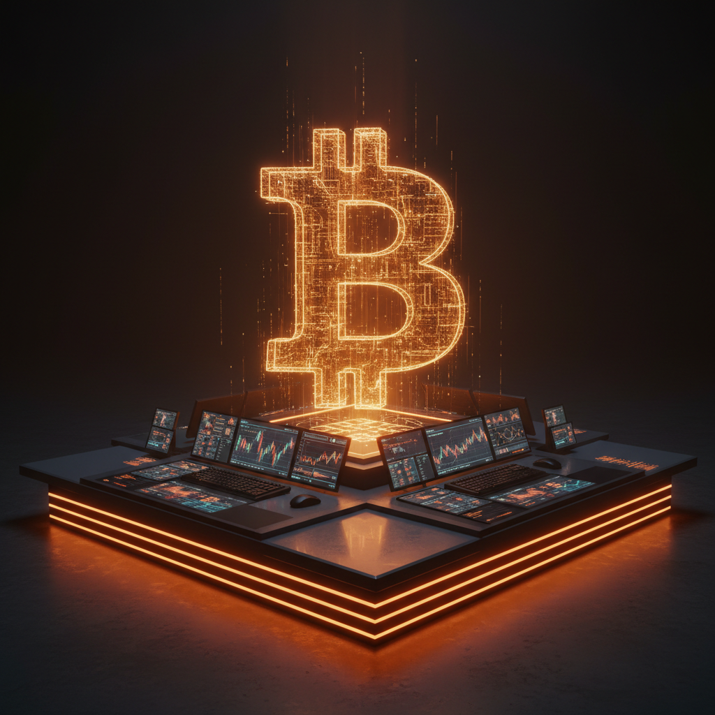 Digital asset chart showing Bitcoin 100k target indicator with glowing orange technical lines.