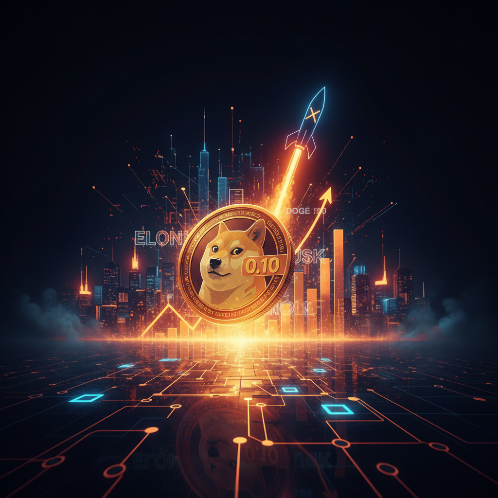 Stylized canine coin silhouette representing the Dogecoin price target with neon orange glows.