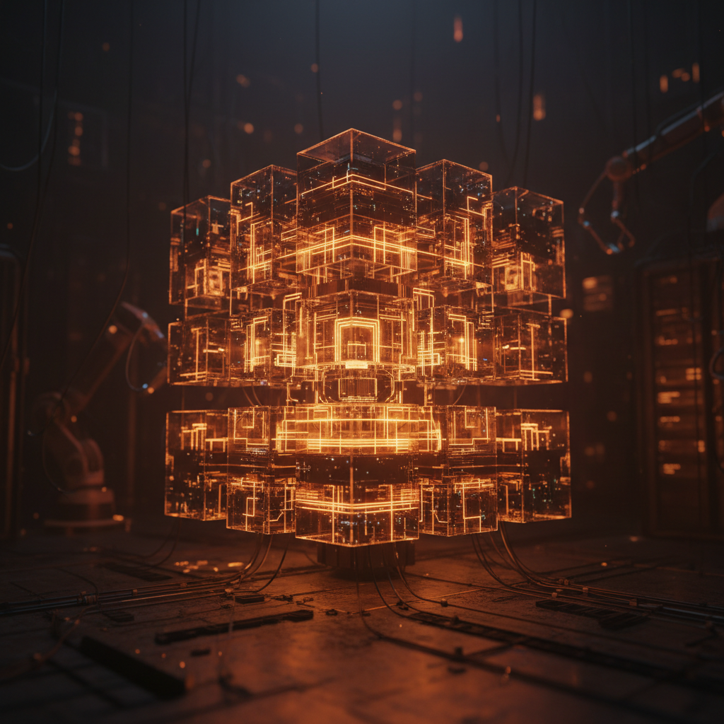 Futuristic quantum processor glowing with orange neon circuits protecting Bitcoin network data