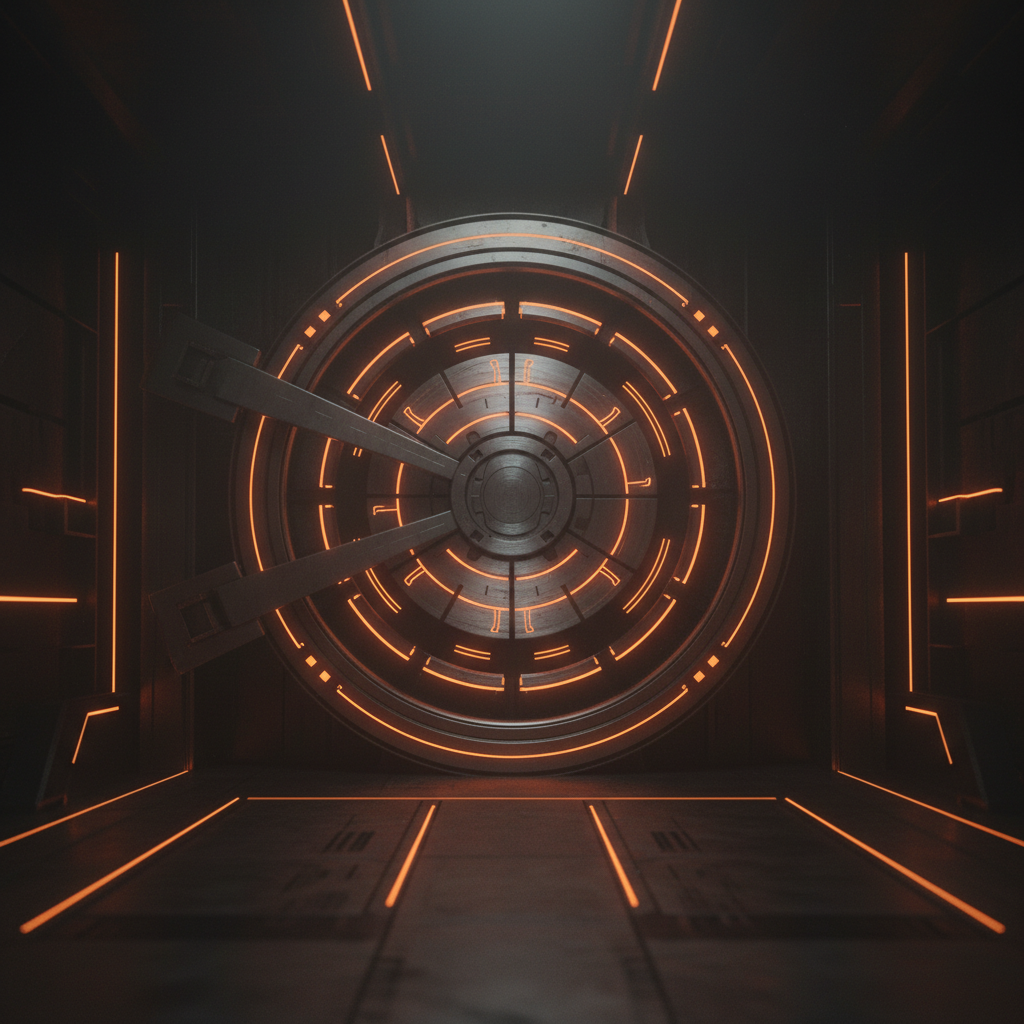 Futuristic cryptographic lock illustrating zero knowledge KYC technology with glowing orange digital lines.