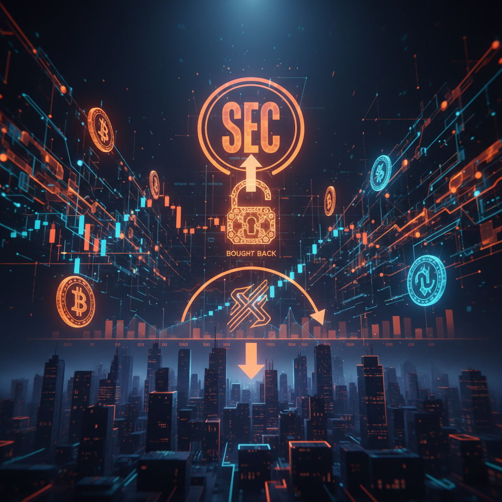 Futuristic decentralized ledger representing crypto token buybacks with orange neon highlights.