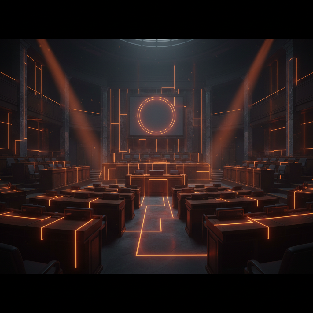 Empty congressional hall representing the stalled Clarity Act crypto bill with orange lighting.