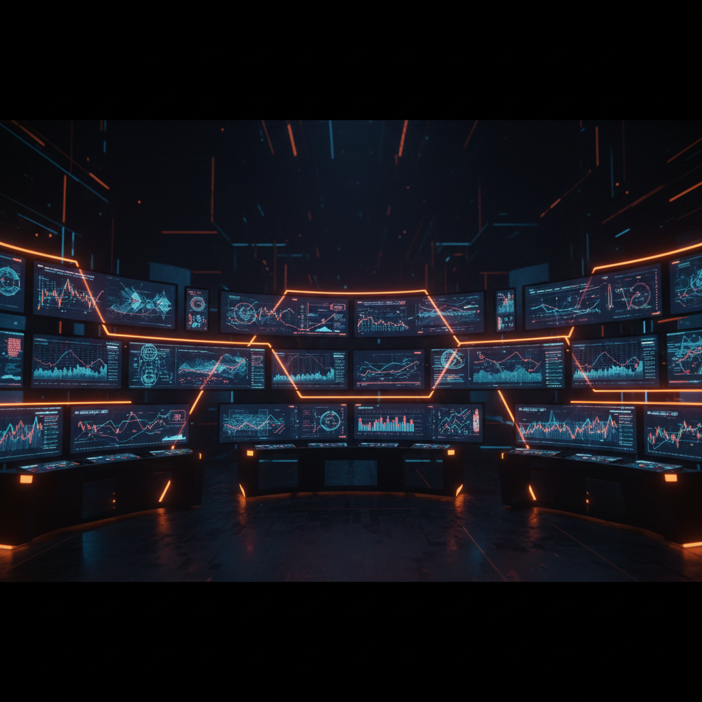 Glowing digital monitors displaying trading leverage metrics and crypto open interest trends in orange neon.