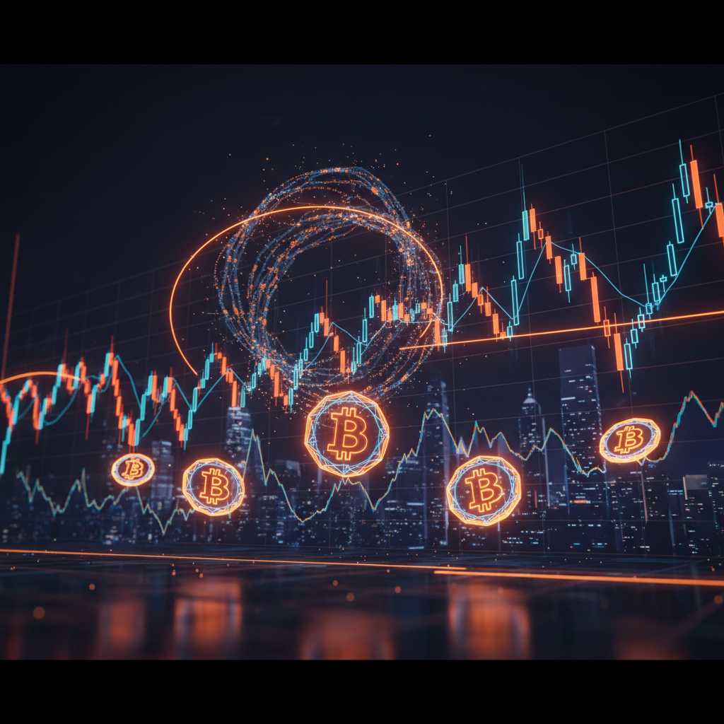 Digital charts illustrating a Bitcoin price fractal on glowing financial screens