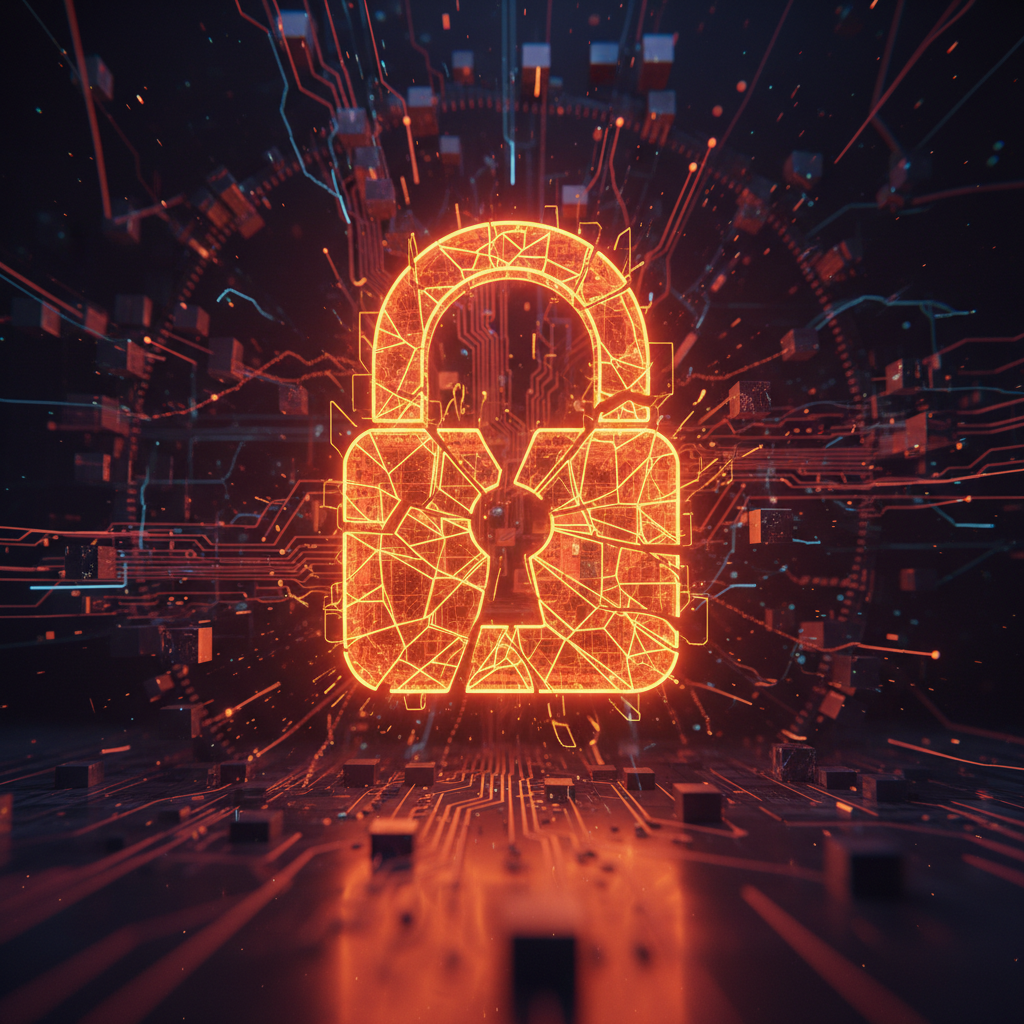 Cybersecurity defense grid showing a crypto exploit surge breach visualization with glowing orange neon nodes.