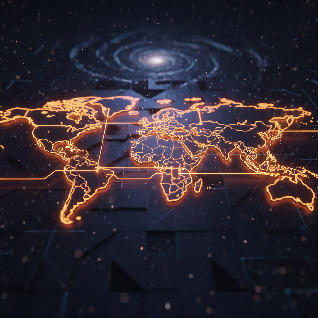 Global energy pipelines glowing orange on a dark grid showing energy supply Bitcoin impact.