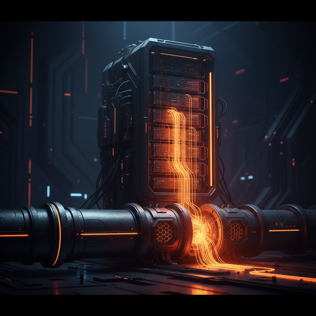 A dark digital infrastructure chamber representing the MARA Slipstream mempool development.